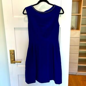 Vince Camuto cobalt blue crepe dress with rhinestone collar